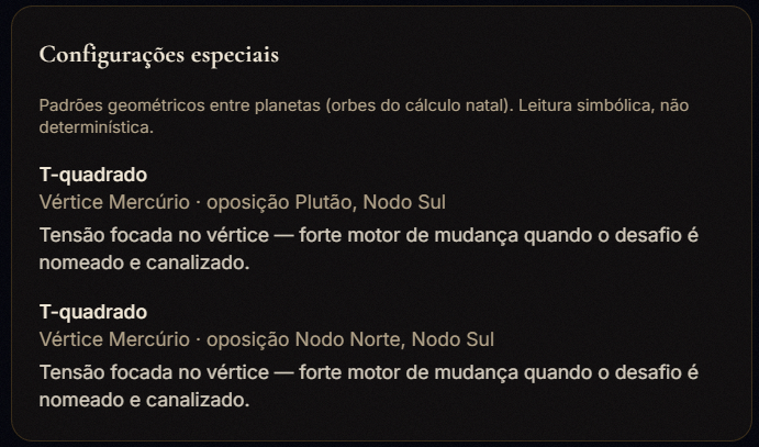 Cartão Configurações especiais no separador Essência, com T-quadrado e texto interpretativo